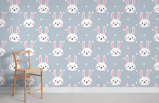 Cute Bunny Star Grey Children Mural Wallpaper