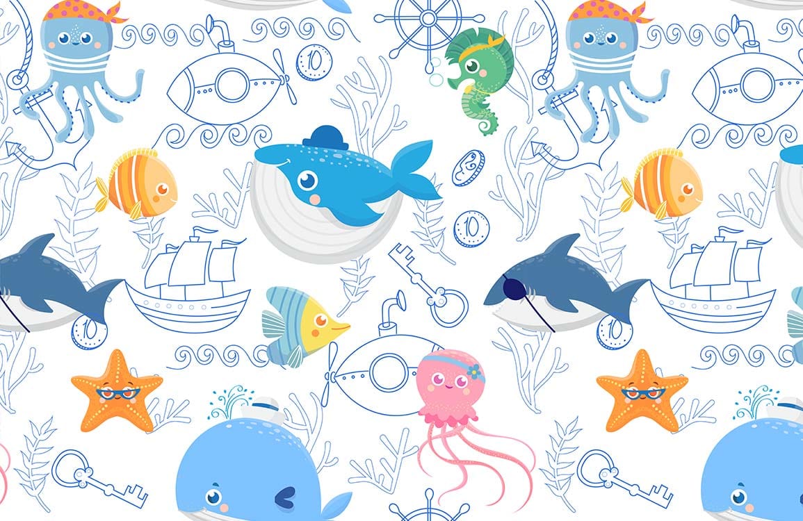 Colorful Underwater Cartoon Animal Mural Wallpaper