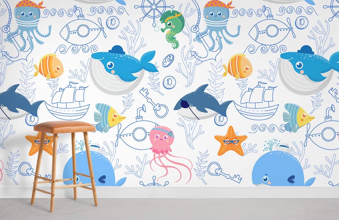 different sea creatures wallpaper mural design