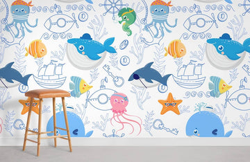 Colorful Underwater Cartoon Animal Mural Wallpaper