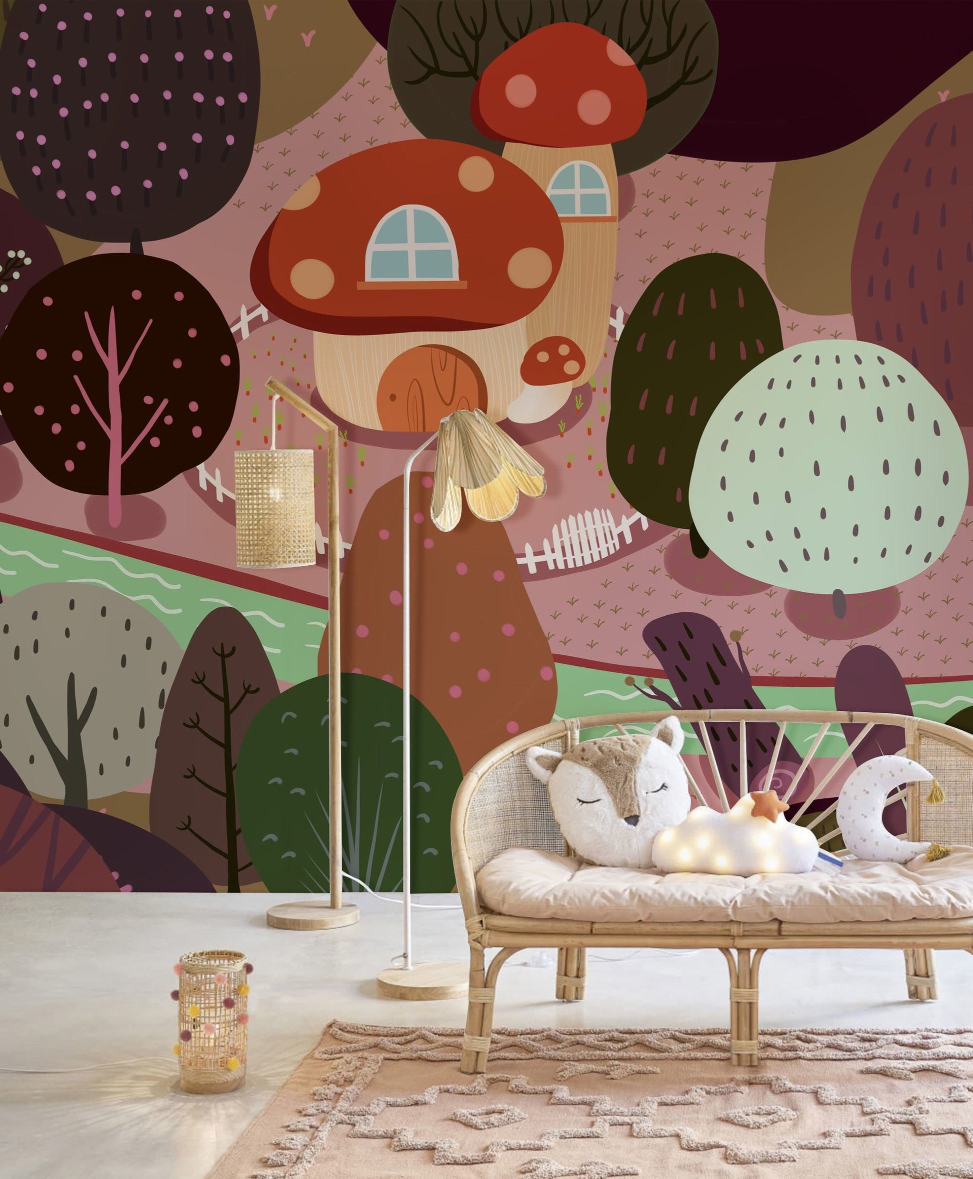 Trees in Cartoon Style Wallpaper Mural for Decorating the Living Room