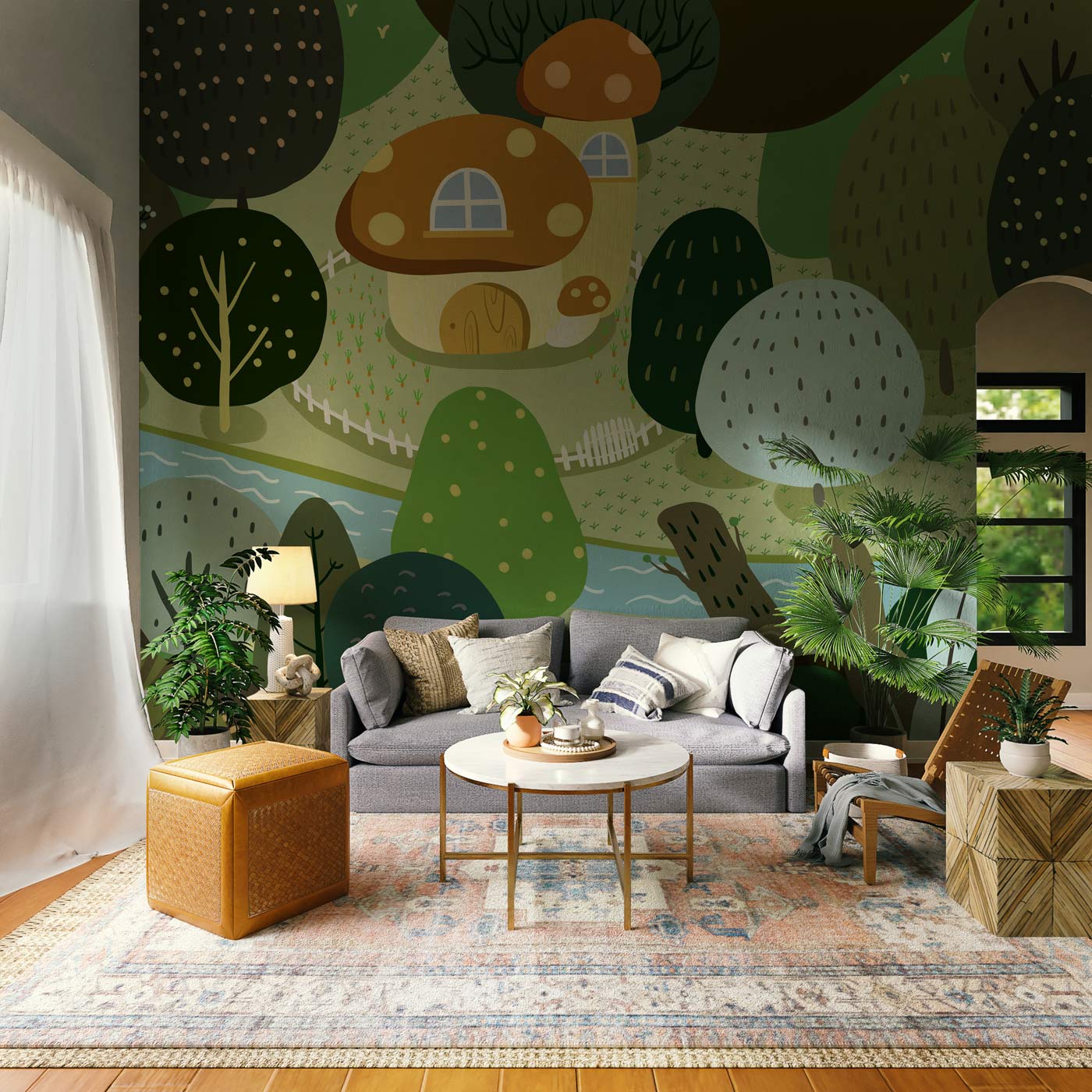 Trees in Cartoon Style Wallpaper Mural for Decorating the Living Room