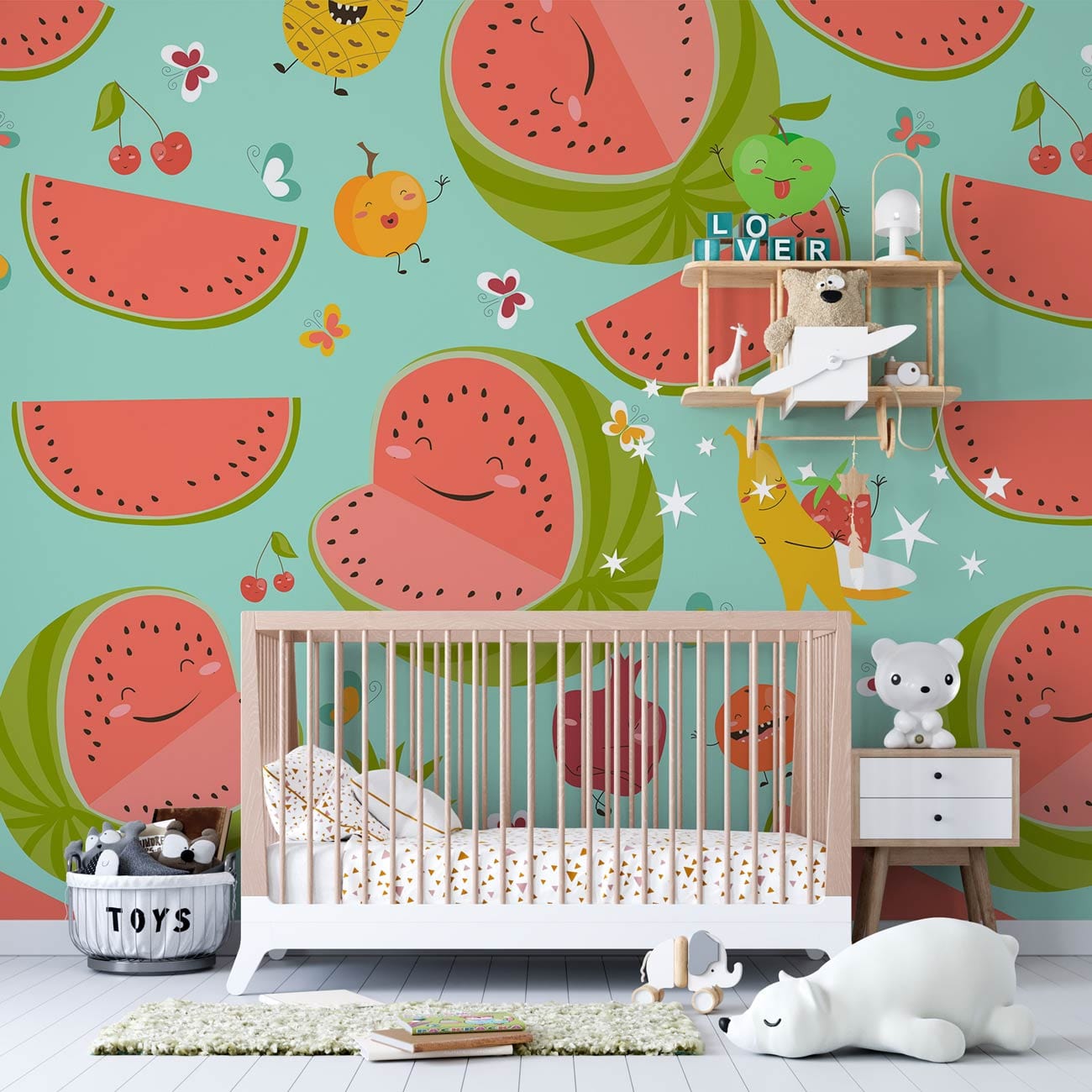 Wallpaper with a cartoon fruit design for the season of summer