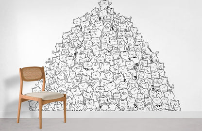 Whimsical Cat Mountain Line Art Mural Wallpaper