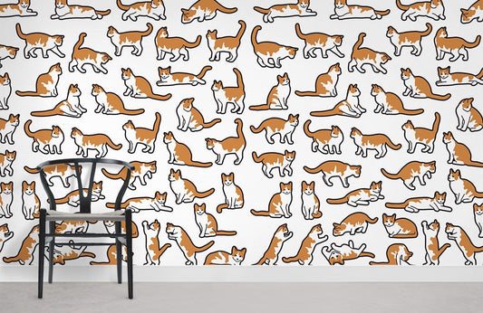 Playful Orange Cat Pattern Mural Wallpaper
