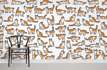 Playful Orange Cat Pattern Mural Wallpaper
