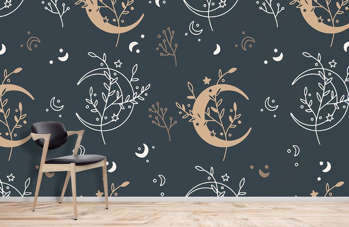 Kitchen wallpaper mural with a celestial flowery seamless design