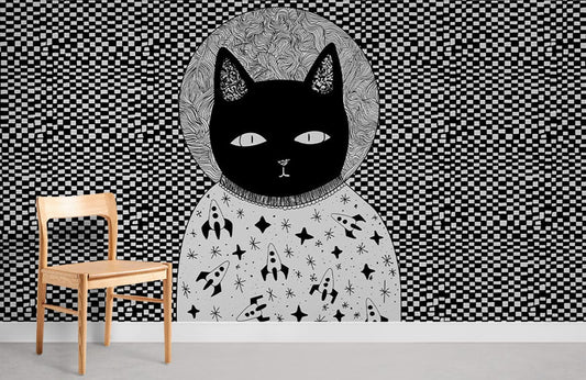 line drawn cartoon cat wallpaper for room