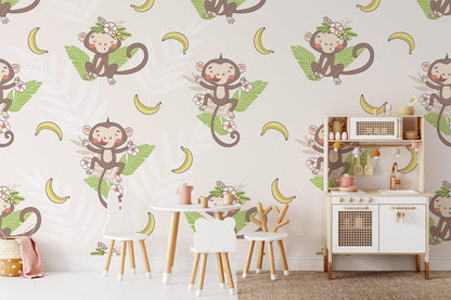 Cheerful Monkey Cartoon Wallpaper For Kid's Room Interior Decor