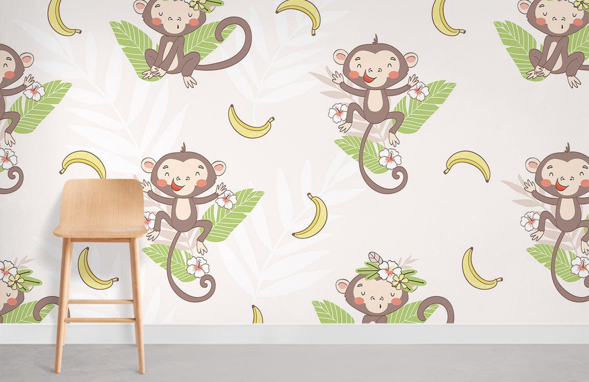 Cheerful Monkey and Bananas Animal Wallpaper Room Decoration Idea