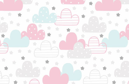 Clouds Wallpaper Mural with Soft Pastels and Cartoons for Home Decoration