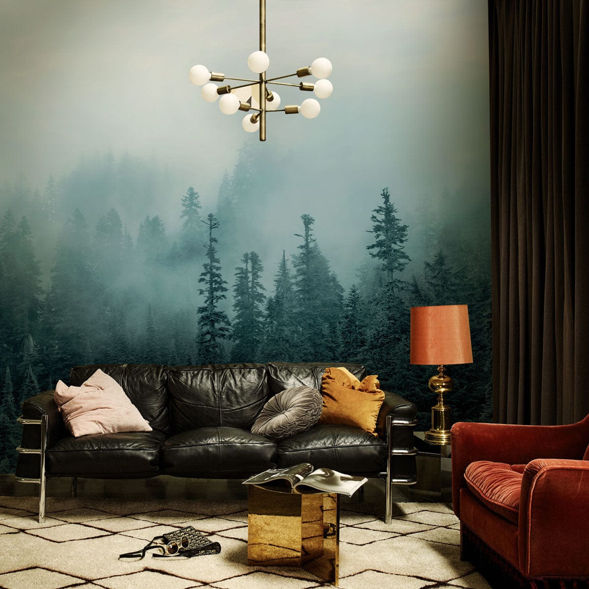 Wallpaper mural with a tranquil misty forest, perfect for decorating the living room.