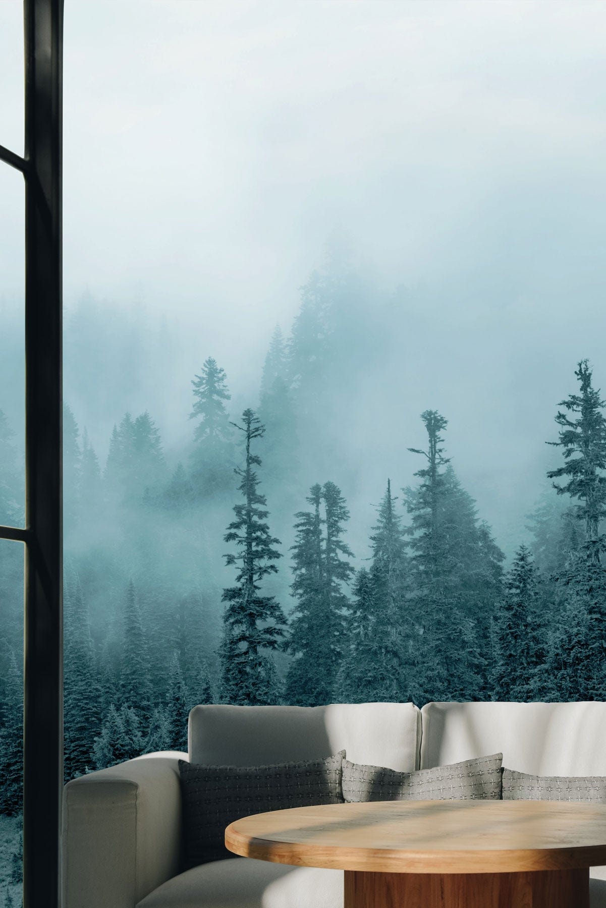 Chilling Wall Mural of a Misty Forest, Perfect for Decorating the Living Room