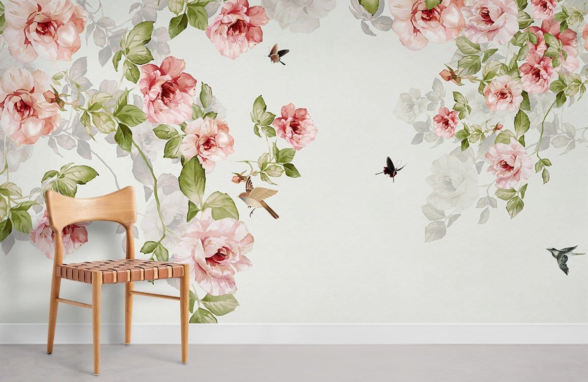 Floral Wall Mural with a Vintage China Rose Pattern for Home Decoration