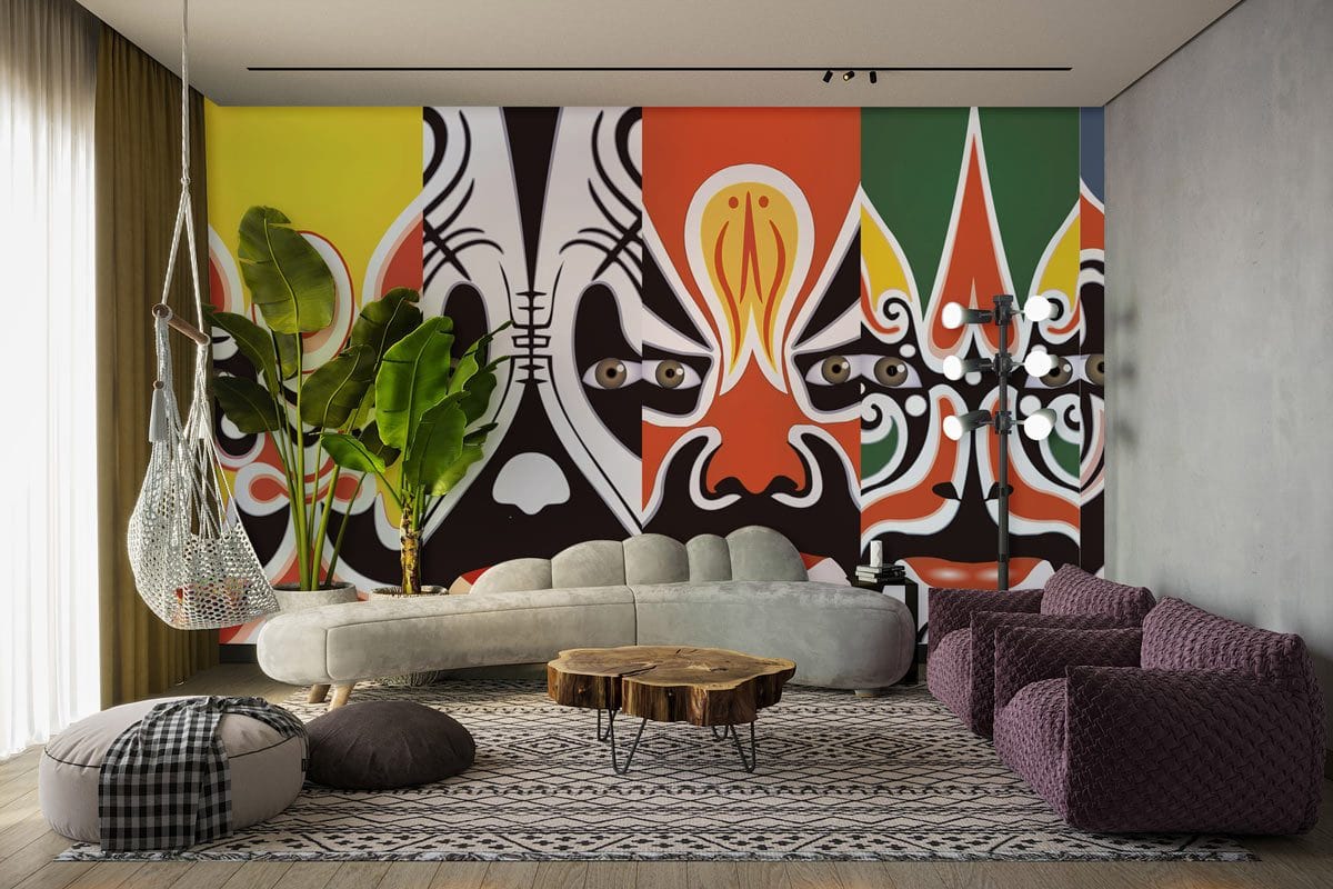 Wallpaper Mural with a Chinese Opera Mask Pattern for Use in Decorating the Living Room