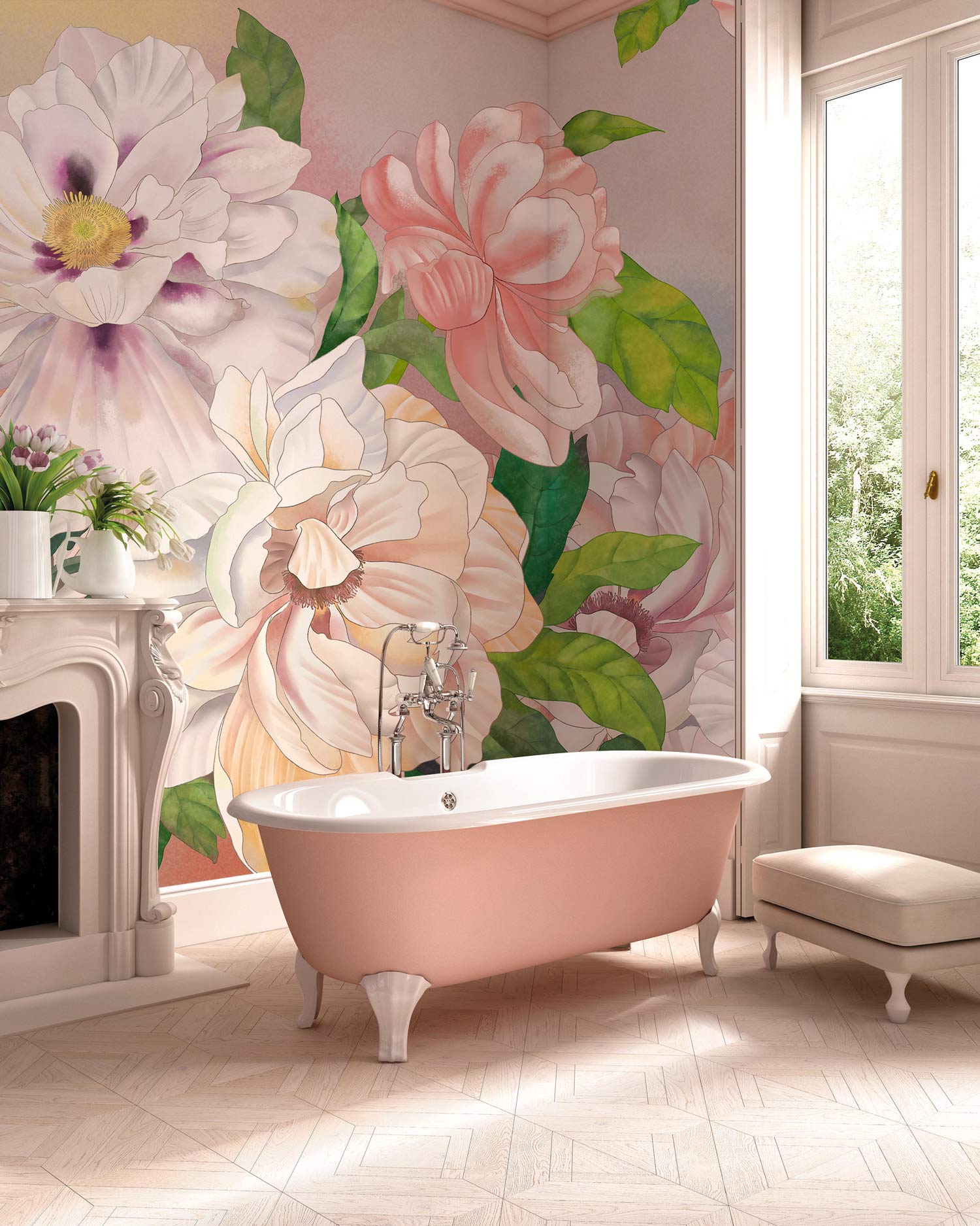Chinese Peony Flower Wallpaper Mural Art decor Bathroom