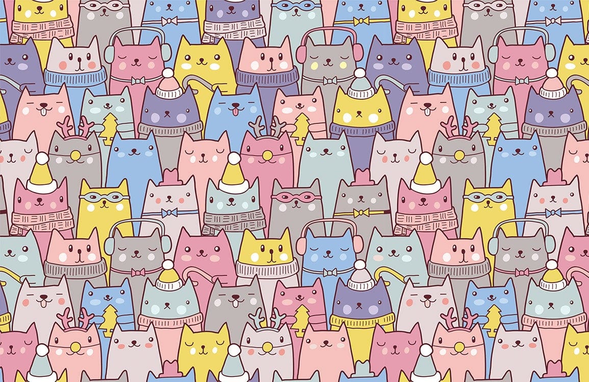 Colorful Cat Cartoon Bedroom Mural Wallpaper