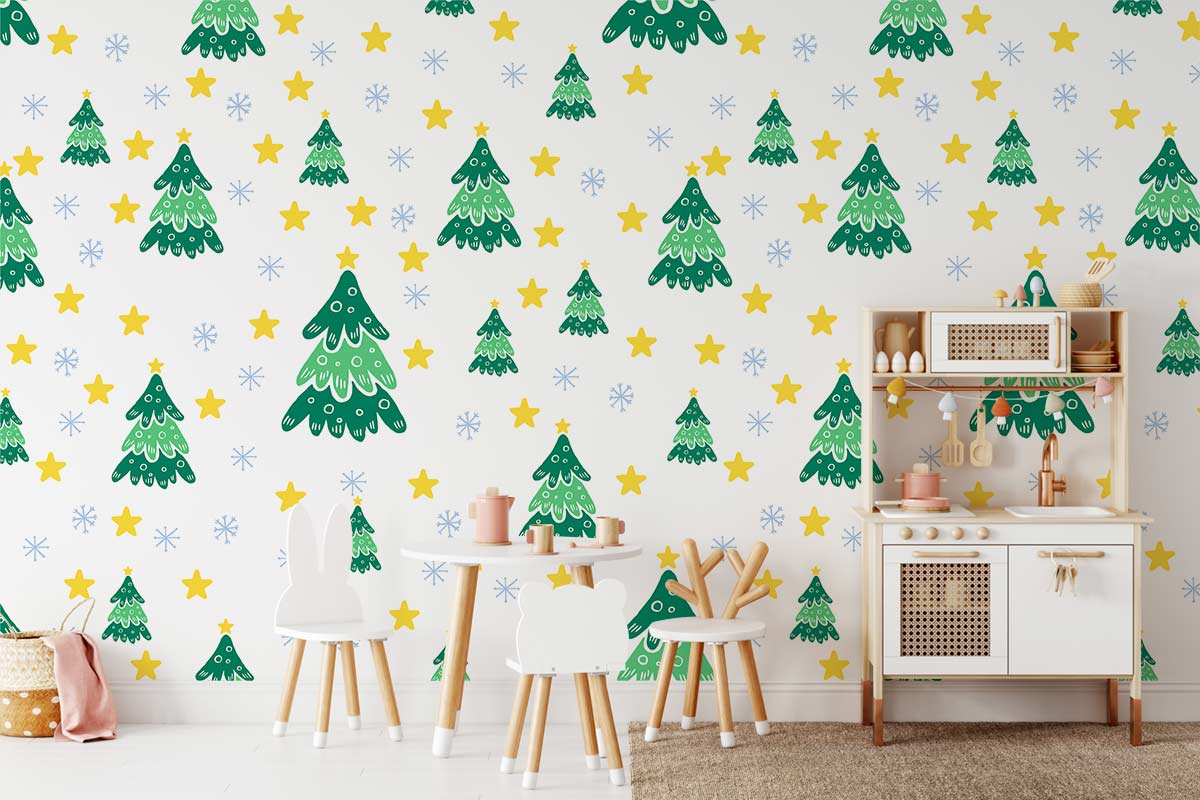 Shining Trees Snowy Forest Cartoon Mural Design