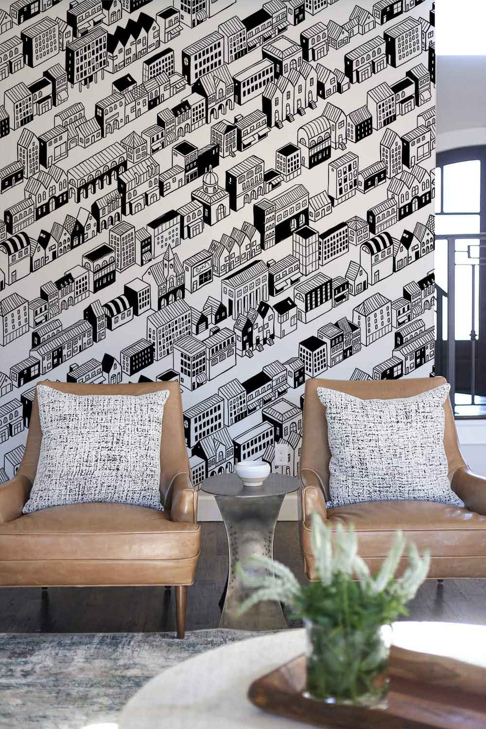 sketched houses in order wall mural for living room