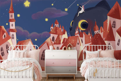 Enchanted Fairytale Town Starry Night Mural Wallpaper in bedroom