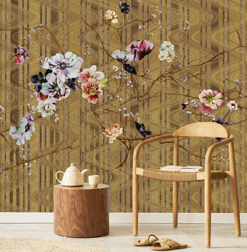 traditional floral branch wallpaper mural for the interior decor of a house hallway