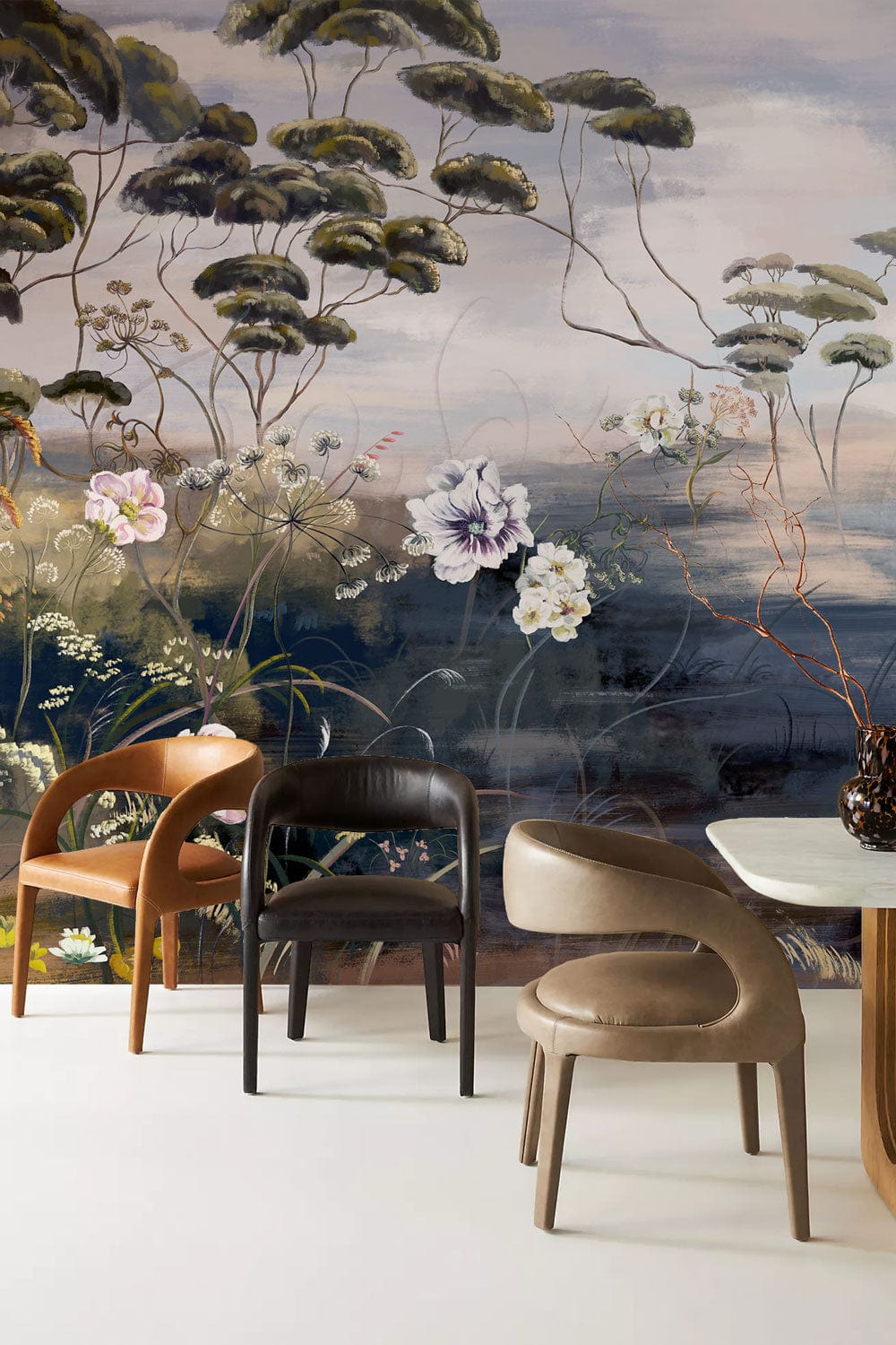 wallpaper mural with blooming blossoms as a concept for interior house decorating