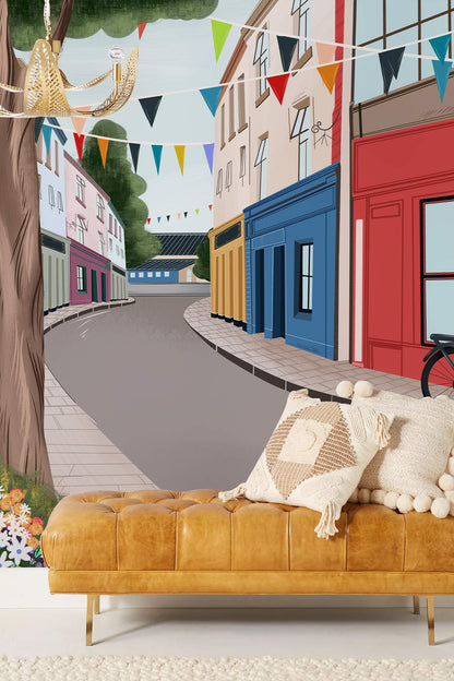 Colorful Quaint Street Scenic Mural Wallpaper in living room