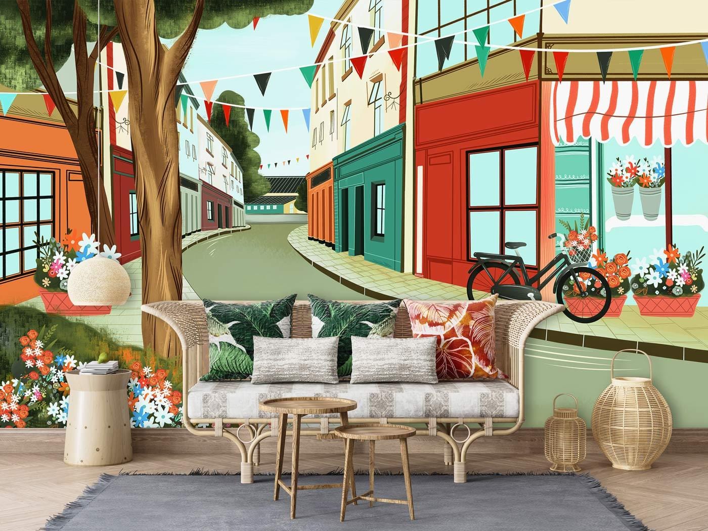 Colorful European Street Scene Mural Wallpaper