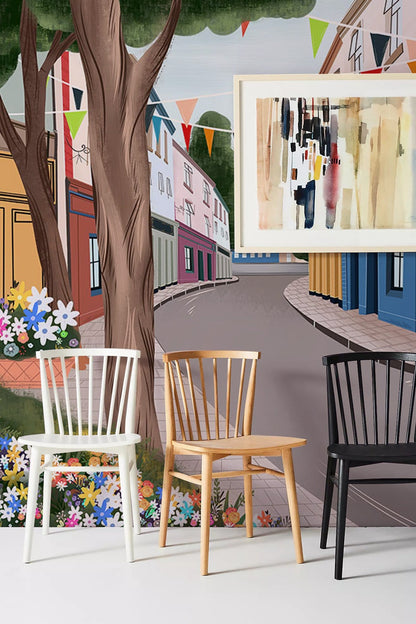 Colorful Quaint Street Scenic Mural Wallpaper