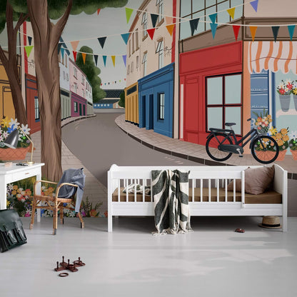 Colorful Quaint Street Scenic Mural Wallpaper in children's room