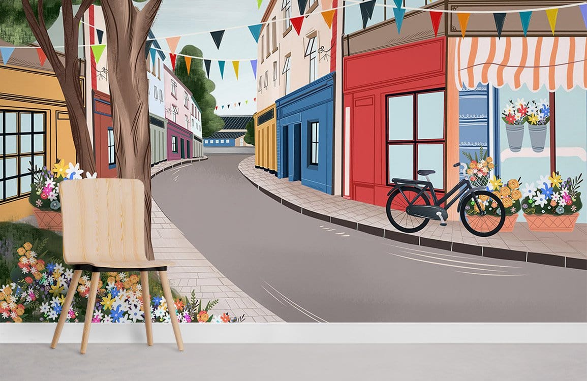 Colorful Quaint Street Scenic Mural Wallpaper