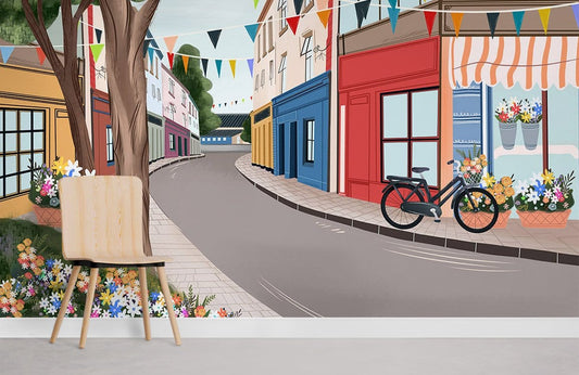 Colorful Quaint Street Scenic Mural Wallpaper