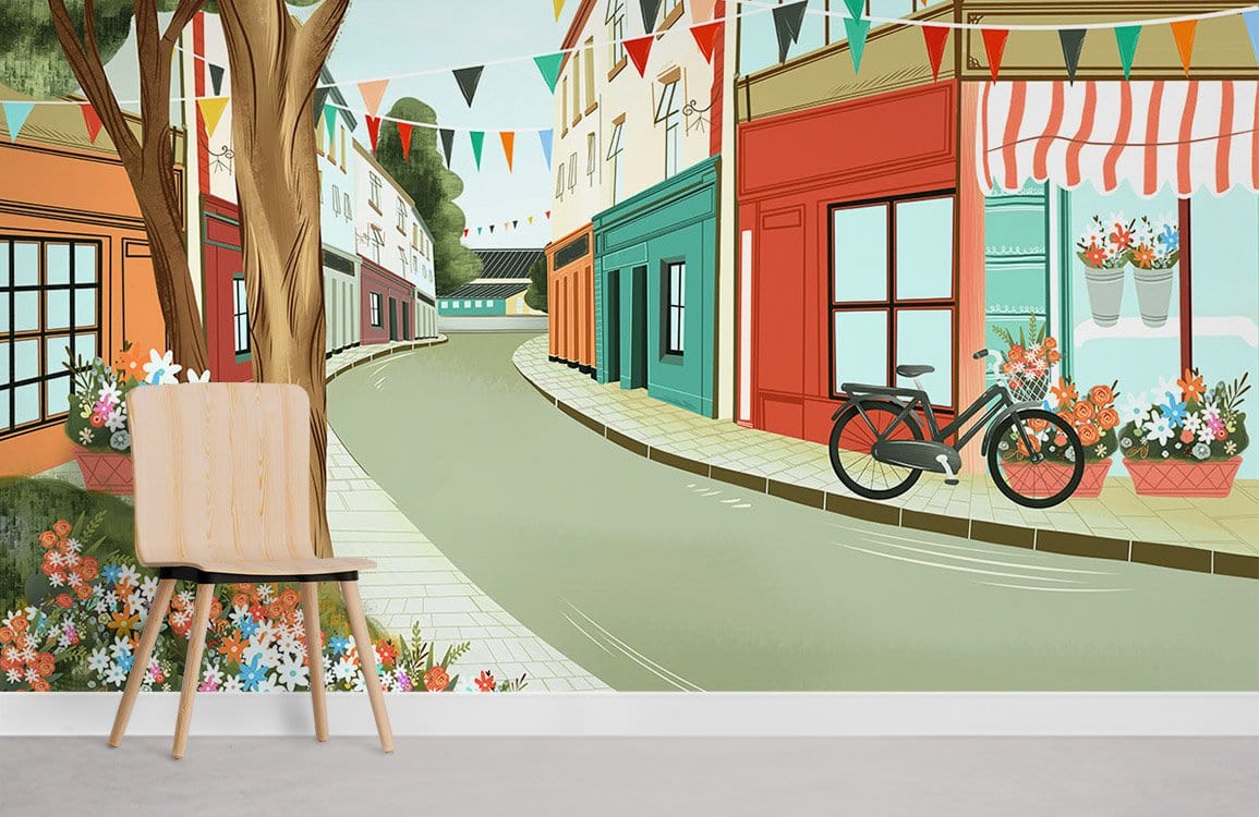 Colorful European Street Scene Mural Wallpaper