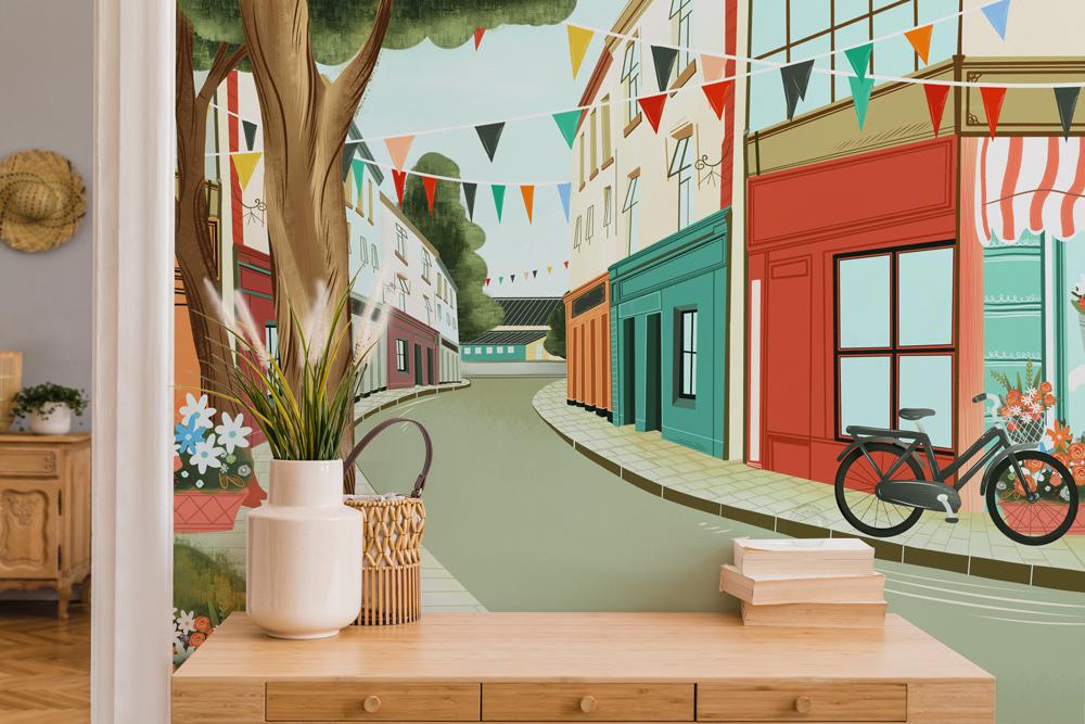 Colorful European Street Scene Mural Wallpaper