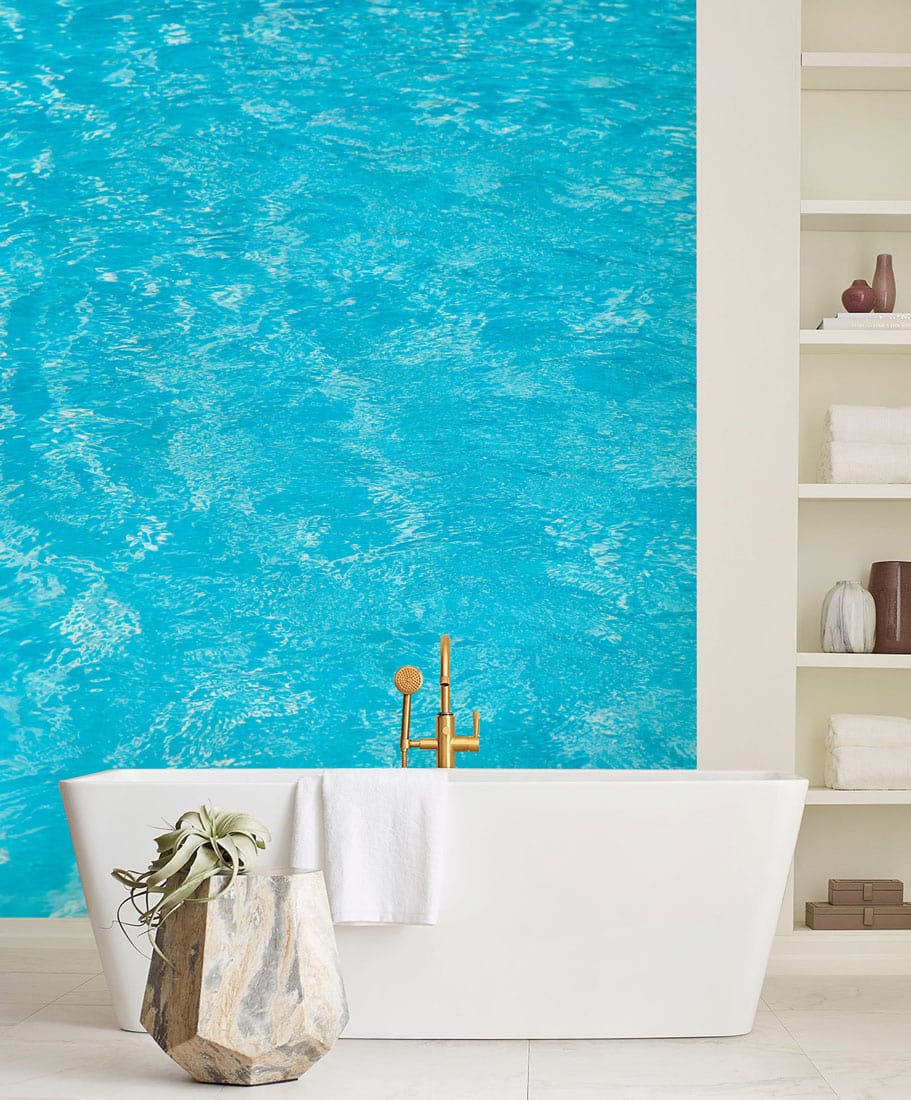 Bathroom Decoration Featuring a Mural Wallpaper of a Clear Blue Pool