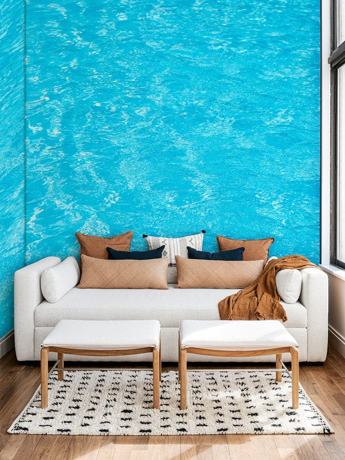 Living Room Decoration Featuring a Mural Wallpaper of a Clear Blue Pool
