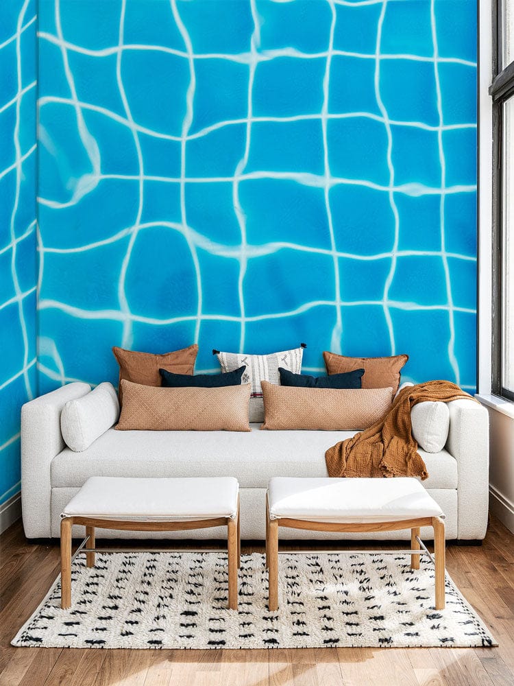 Living Room Decoration Featuring a Mural Wallpaper of a Clear Swimming Pool
