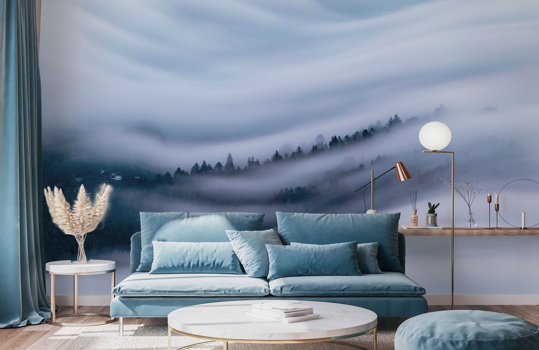 Living Room Wall Mural Wallpaper of Clouds Moving Into the Woods.