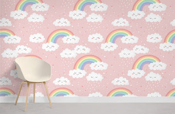 Cheerful Rainbow Clouds Nursery Mural Wallpaper