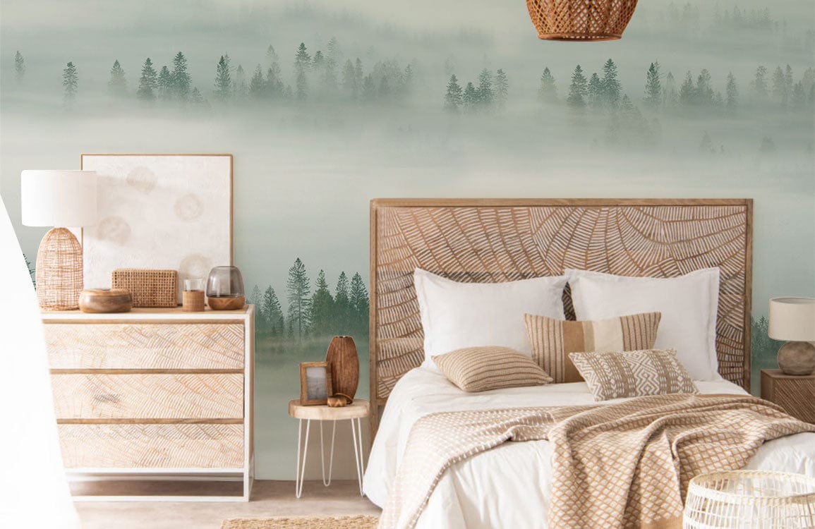 cloudy forest mural wallpaper for decorating a bedroom