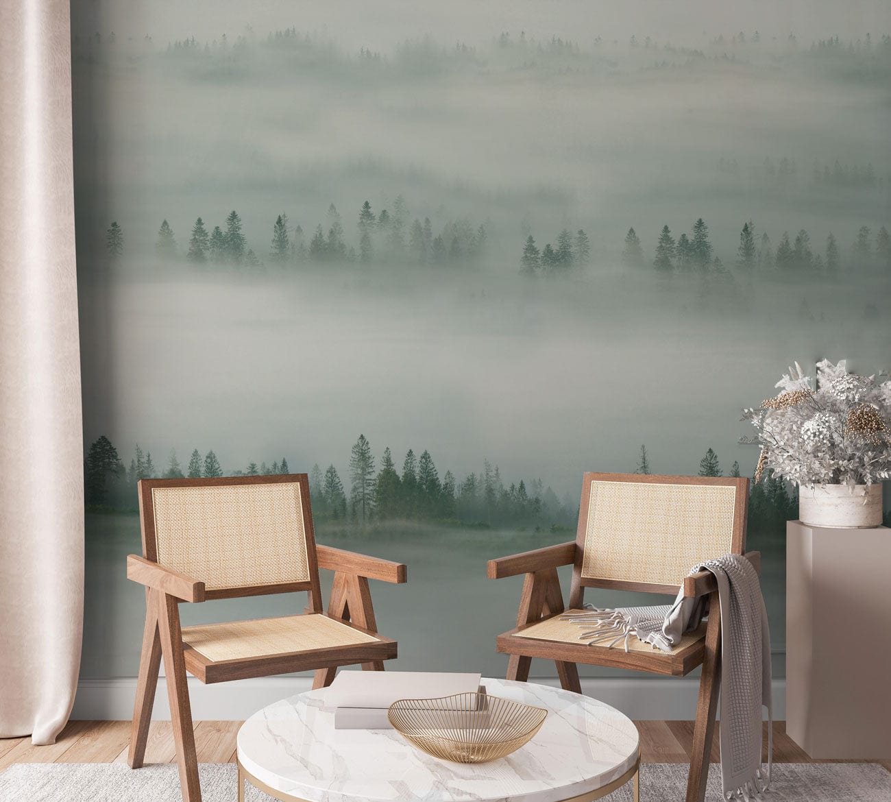 The mural depicts a misty forest, perfect for adorning a living space.