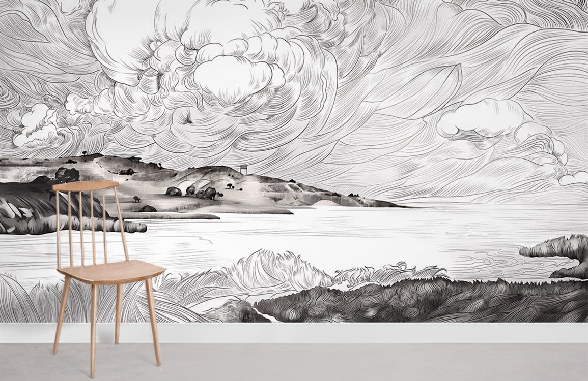 Monochromatic Scenic Clouds Ink Mural Wallpaper