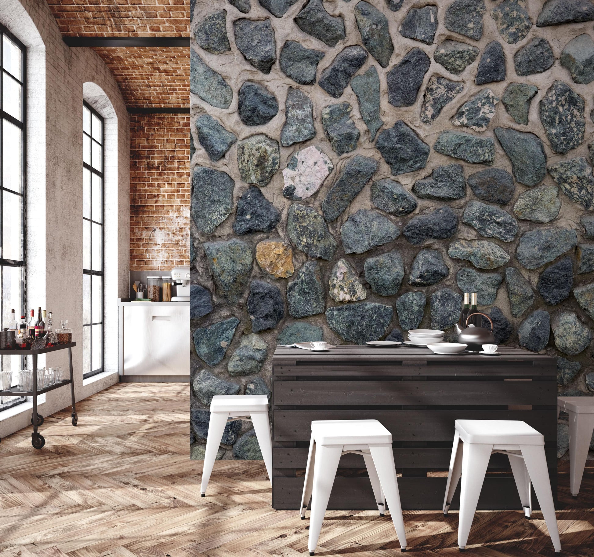 Wallpaper with a cobblestone mural for use in decorating the dining room