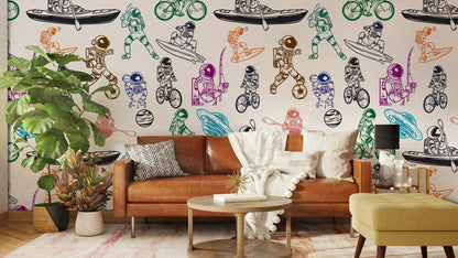 astronauts with healthy lifestyle mural decoration living room