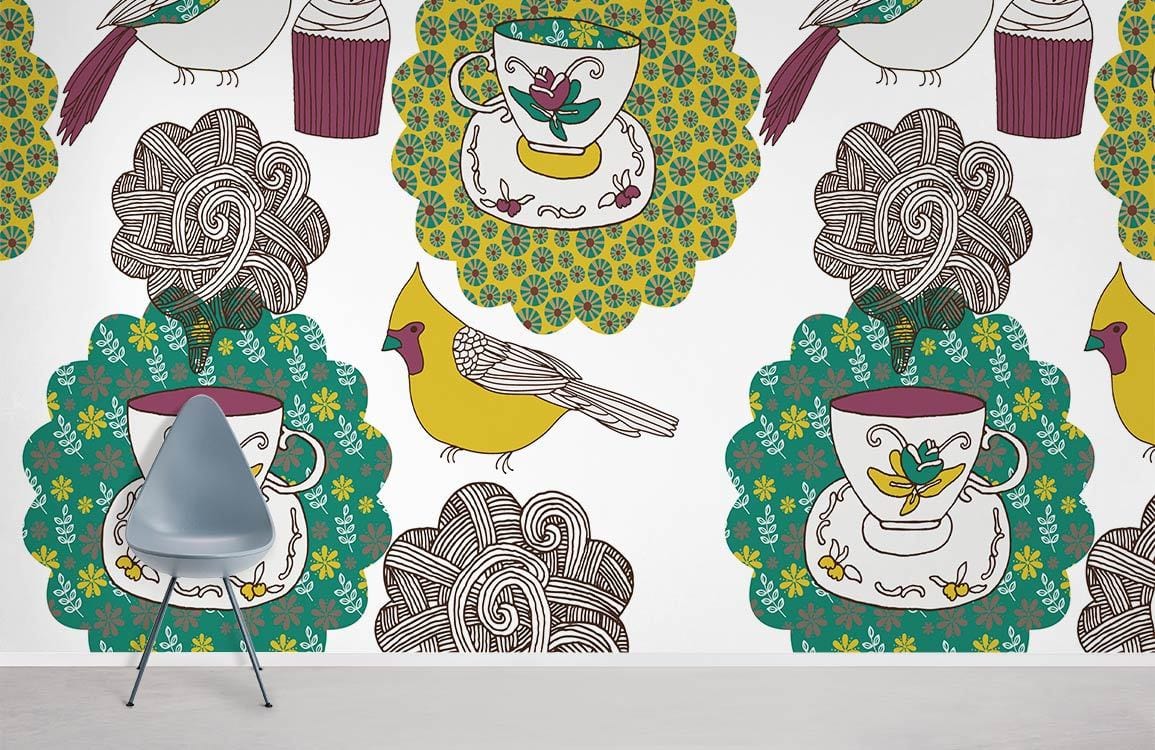 Wallpaper mural with a colourful birdie and teapot for use in home decoration