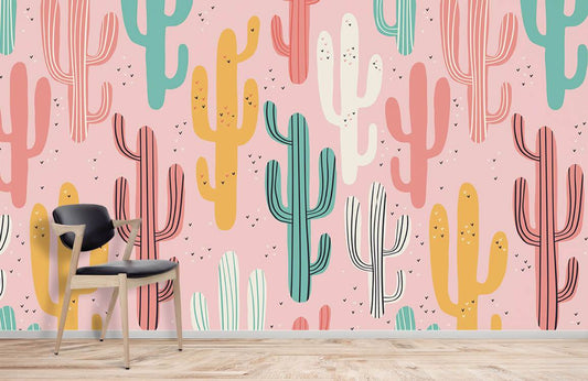 Wallpaper mural with colourful cactuses for use in interior design.