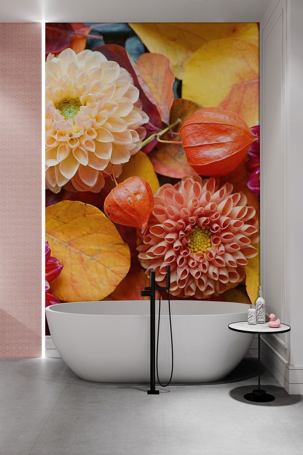 Wallpaper mural featuring colorful dahlias, perfect for use as a bathroom decoration