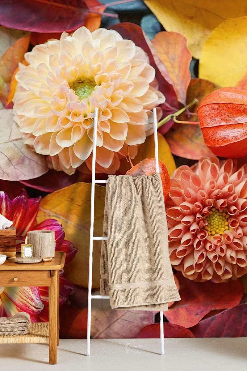 Wallpaper mural featuring vibrant dahlias to adorn the bathroom.