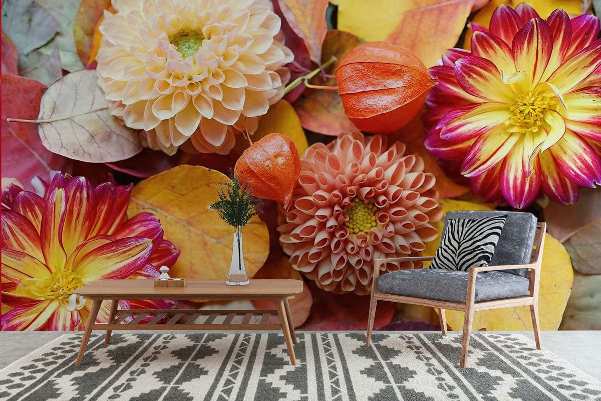 Wallpaper mural featuring vibrant dahlias to adorn the hallway