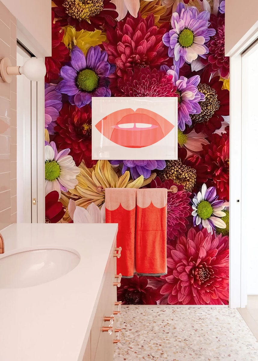 Floral Bathroom Wall Mural with Colorful Daisy Bouquet